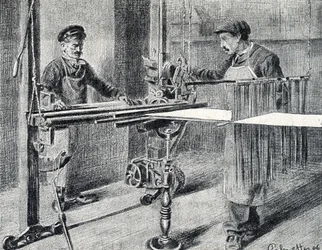 Taller de seda: la preparación de la cadena en la carpeta (Trabajo de la seda) Grabado extraído de "Excursión por los metiers" de Pierre Calmette Colección Privada