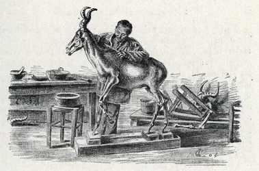 Taxidermia: Un taxidermista diseca antílopes en su taller Grabado de Excursion a travers les metiers" de Pierre Calmette Collection privee