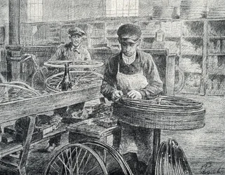 Trabajadores fijando los radios a las llantas de una bicicleta durante su fabricación (fabricación de bicicletas) Grabado de Pierre Calmette Colección particular