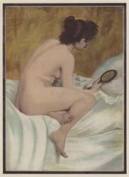 El despertar, mujer con un espejo (litografía en color)