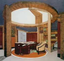 Diseño de estudio-biblioteca (Bureau-Bibliotheque) para la Embajada de Francia, de Pierre Chareau (1883-1950), presentado en la Exposición Internacional de Artes Decorativas de París, en 1925, Francia, siglo XX