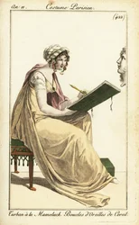 Mujer dibujando un busto clásico en un cuaderno de bocetos, París
