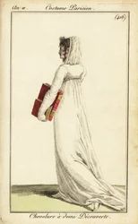 Mujer con vestido blanco y velo sobre la mitad del cabello, París