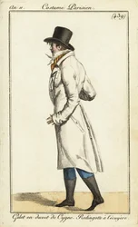 Joven dandy con abrigo de jinete, chaleco de cisne
