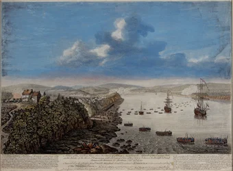 Vista del lugar de desembarco sobre la ciudad de Quebec describiendo el asalto...en las Alturas de Abraham, 13 de septiembre de 1759, c.1760