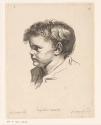 Cabeza de un niño pequeño, girada a la izquierda. La petite Nanette (título sobre objeto) Cabezas de diferentes figuras (título de la serie) ir Cahier de Têtes de différens Caracteres (título de la serie)