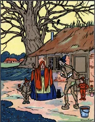 El vuelo de Picrochole que se encuentra con una vieja bruja Ilustración de Pierre Couselles (fallecido en 1938) de "Gargantua" de François Rabelais
