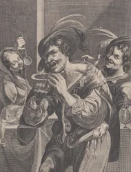 Hombre bebiendo sopa mientras dos personas lo observan, 1624-75