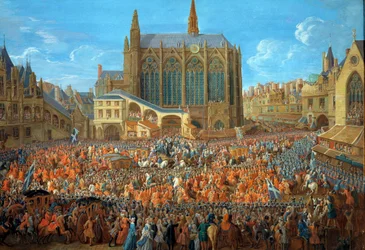 El Rey Luis XV (1710-1774) saliendo del lecho de justicia celebrado en el Palacio de Justicia de París el 12/09/1715. La Sainte Chapelle es visible. Pintura a la gouache de Pierre Denis Martin (1663-1742) 1715. París, Museo Carnavalet
