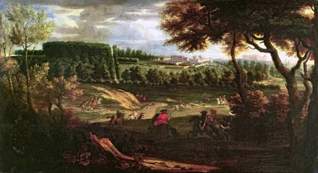 Luis XIV (1638-1715) cazando en Marly con una vista del Château Vieux de Saint Germain