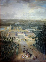 Vista en perspectiva del castillo y jardines de Trianon: paseo del Rey Luis XV a caballo