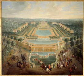 Vista en perspectiva del castillo de Marly, el rey Luis XV en carruaje sale del castillo