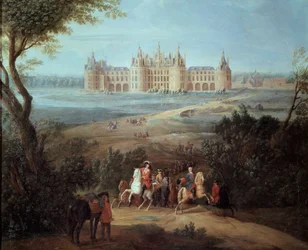 Vista del Chateau de Chambord, el Regente Felipe II Duque de Orleans (1674-1723) da órdenes para la caza