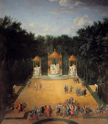 Vista del bosquecillo de los Baños de Apolo en los jardines de Versalles en 1713, en primer plano Luis XIV (1638-1715) visitando el bosquecillo