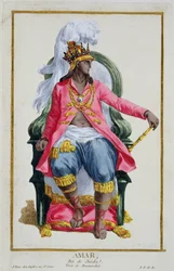 Amar, rey de Ouidah, del "Receuil des Estampes, representant les Rangs et les Dignites, suivant le Costume de toutes les Nations existantes", publicado en 1780 (grabado coloreado a mano).