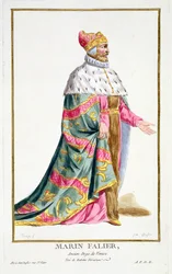 Marino Falier (1274-1355) Dux de Venecia, del "Receuil des Estampes, Representant les Rangs et les Dignites, suivant le Costume de toutes les Nations existantes", publicado en 1780 (grabado coloreado a mano).