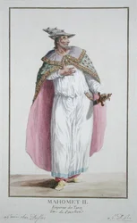 Sultán Mehmed II (1432-81), de «Recueil des Estampes, représentant les Rangs et les Dignités, suivant le Costume de toutes les Nations existantes», publicado en 1780