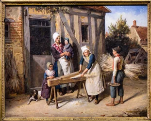 La familia del granjero (campesinos ocupados preparando cáñamo delante de la puerta de una casa de campo)