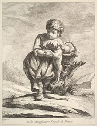 Niño con un perro, sosteniendo una cesta de uvas, de Premier Livre de Figures d
