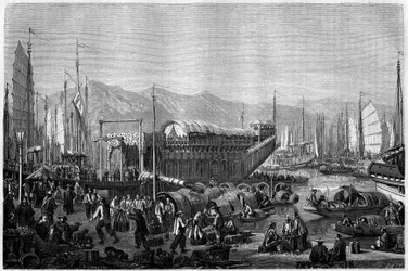 Barco de las Flores, un restaurante y lugar de diversión en el puerto de Shanghái en 1860, China. Grabado por Grandsire, en “Le Tour du Monde, Nouveau journal des Voyages”, editado por Edouard Charton, París