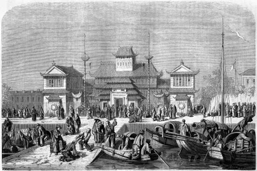 Vista de la aduana en el puerto de Shanghái en 1860, China. Grabado por Grandsire, en "Le Tour du Monde, Nouveau journal des Voyages", editado por Edouard Charton, París