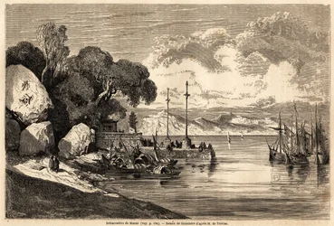 El Barcadere de Macao, dibujo de Grandsire para ilustrar el viaje a China y Japón, en 1857-1858, de M. de Moge. Grabado en 
