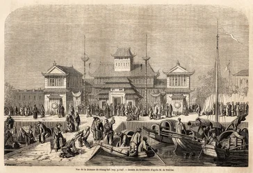 El edificio de aduanas de Shanghái, dibujo de Grandsire, para ilustrar el viaje a China y Japón, en 1857-1858, del Marqués de Moges. Grabado en "Le tour du monde, nouveau journal des voyages" París