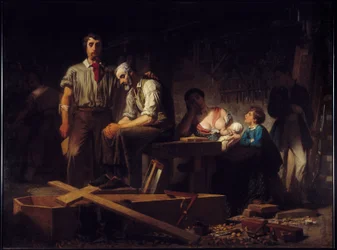 Revolución de 1848: "Primer trabajo después de la insurrección de febrero de 1848" Dolor de las familias de las víctimas que murieron en las jornadas de febrero de 1848. Pintura de Pierre Eugene Lacoste (1818-1908) 1850 Sol. 2,7x3,66 m Marsella, Museo de B