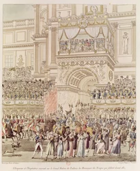 El emperador y la emperatriz recibiendo el homenaje de las tropas francesas desde el balcón de las Tullerías en ocasión de su matrimonio, grabado por Charles Pierre Joseph Normand (1765-1840)