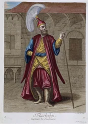 Tchorbadgi, capitán de los jenízaros, «Colección de 100 estampas que representan diferentes naciones del Levante en 1707 y 1708», por orden de M. de Ferriol, embajador del rey ante la Sublime Puerta, y actualizada en 1712-13 al cuidado de M. Le Hay