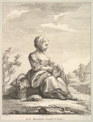 Niña pequeña sosteniendo uvas con una canasta a su lado, de Deuxième Livre de..., después de 1757
