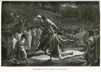 Una ceremonia funeraria para los Todas, una pequeña comunidad pastoral en la meseta de Nilgiri (Sur de India), durante el funeral, se sacrifican ganado. Grabado por P.Fritel, para ilustrar el recital recuerdos de un viaje a los Nilgherries, por Madame Jans