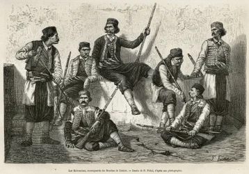 Los krivošijani, montañeses de las Bocas de Cattaro (o Kotor, bahía de la costa occidental de Montenegro), toman las armas para resistir el avance de las tropas austriacas. Grabado a partir de un dibujo de P. Fritel, para ilustrar el viaje a Dalmacia de C.