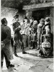 Un oficial alemán pide a Bola de Sebo a cambio de la libertad de todos los pasajeros que han sido arrestados en la diligencia. En “Bola de Sebo” de Guy de Maupassant (1850-1893). Ilustración de P. G. Jeanniot (1848-1934). Publicado en Ollendorff