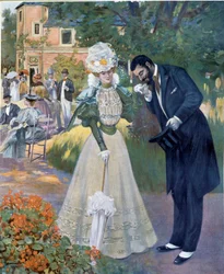 Belle époque: “Sexo de manos”: un hombre saludando a una mujer en una recepción. Ilustración de Jeanniot para “Le Figaro illustrious” Principios del siglo XX París, Artes Decorativas