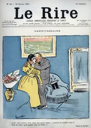 Cumpleaños - Anais, mi amor, mi ángel, mi pequeña reina, ¡como el primer día! - ¡Jesucristo! ¡Te estás pinchando con tu barba! - dibujo de Pierre Georges Jeanniot para “Le Rire” del 23 de febrero