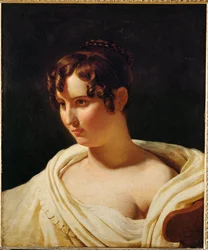 Mujer joven en busto, con pañuelo blanco ...