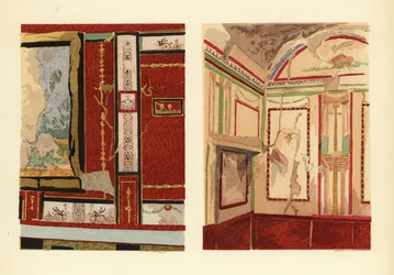Casa de Tullius Faustus en la Strada della Fortuna (izquierda), y casa de Popidius Priscus (derecha), Pompeya, Chambre d’une maison située rue de la Fortune, Región IV
