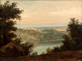 Lago Nemi, al fondo la ciudad de Genzano, finales del siglo XVIII principios del siglo XIX