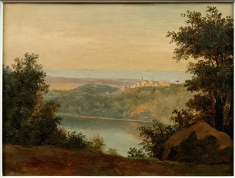 Lago de Nemi; a lo lejos, la ciudad de Genzano ...