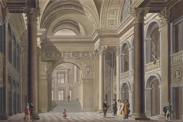 Vestíbulo del Palais Academique en Gante, de Choix des Monuments, Edifices et Maisons les plus remarquables du Royaume des Pays-Bas por Pierre Jacques Goetghebuer, grabado por L. Roelandt