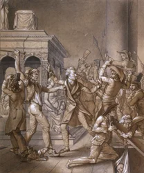 Alexandre Lenoir oponiéndose a los revolucionarios cuando quieren destruir la tumba del rey francés Luis XII en la basílica real de Saint Denis en 1793, en la época de la revolución francesa