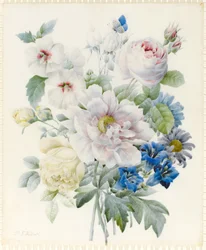 Un Ramo de Flores incluyendo una Peonía, Rosas, Hibisco, Ásteres, Genciana y una Mariposa Azul Imaginaria