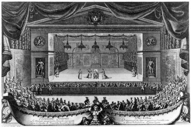 Tercer Día: El enfermo imaginario (de Molière), comedia representada en el Jardín de Versalles frente a la Gruta en 1676, grabado de Pierre Lepautre (1660-1744)