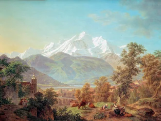 Le Mont-Blanc visto desde Sallanches al atardecer Pintura de Pierre Louis de la orilla (1753-1817) 1802 Museo de Arte e Historia de la Ciudad de Ginebra Suiza