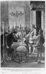 En 1747, se les dice a los Compañeros, el pretendiente Charles-Edward Stuart (1720-1788) estableció un Capítulo de la Rosa Cruz en Arras, ilustración de 