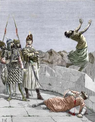 Secta ismailí de Oriente, o asesinos, fundada por Hassan ibn al-Sabbah (1036-1124), conocido como el Viejo de la Montaña, representado ordenando a dos de sus seguidores fanáticos que se maten, Alamut, Persia, hacia 1096
