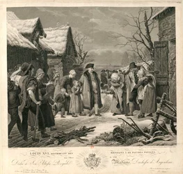 Luis XVI distribuyendo limosnas a los campesinos pobres en el invierno de 1788, c. 1817