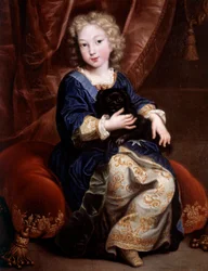 Retrato de Felipe de Francia, Duque de Anjou (1683-1746) (futuro Felipe V de España) representado como niño con su perro negro. Pintura de Pierre Mignard (1612-1695)