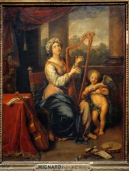 Santa Cecilia cantando las alabanzas del Señor. La santa toca el arpa y está rodeada de instrumentos. Pintura de Pierre Mignard (1612-1695), 1691. Al. 0,74 x 0,56 m. París, Museo del Louvre